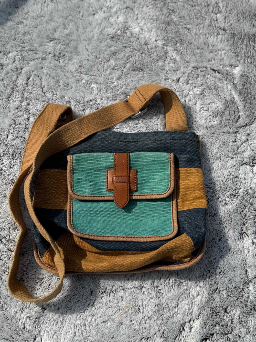 Fossil Striped Messenger Bag in Teal, Navy and Tan